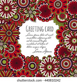 Floral background made of many doodle flowers. Greeting card. Vector illustration.