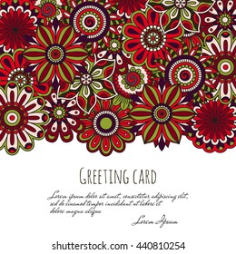 Floral background made of many doodle flowers. Greeting card. Vector illustration.