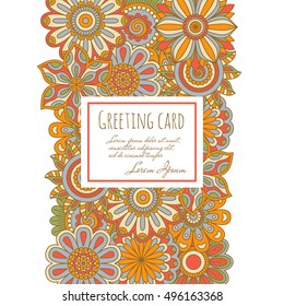 Floral background made of many doodle flowers. Greeting card. Vector illustration.