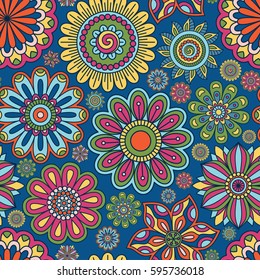 Floral background made of many doodle flowers. Seamless pattern. Vector illustration.