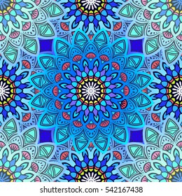 Floral background made of many mandalas of Islam, Arabic, Indian motifs in red, blue, white colors. Ethnic decorative elements. Creative hand drawn elements. Perfect for printing on fabric or paper.