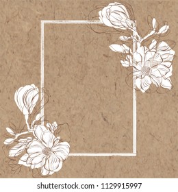 Floral background with magnolia and with a textured rectangular frame on kraft paper. Vector illustration.  It can be an invitation, a greeting card or an element of your design.