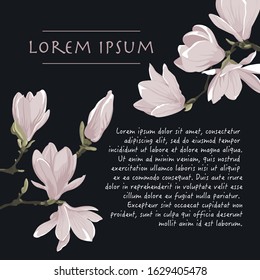 Floral background with magnolia tree plant pastel color corner on a black background for greeting card