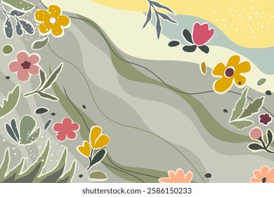 floral background, meadow, field. Flowers, plants, herbs. Natural environment concept. Vector illustration in modern style with place for text