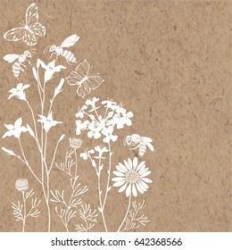 Floral background with meadow flowers, butterflies and bees. Vector illustration on a kraft paper with  place for text. Invitation, greeting card or an element for your design.