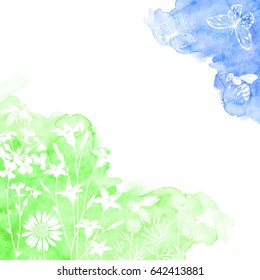 Floral background with meadow flowers, butterflies and bees. Vector illustration on a watercolor background with  place for text. Invitation, greeting card or an element for your design.