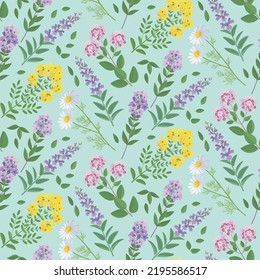 Floral background of meadow and garden flowers. Spring and summer blooming plants. Seamless pattern. Wallpaper, decorative ornament, texture, for textile, fabric, home decor, packaging
