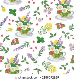 Floral background with meadow medicinal herbs, a cup with a bouquet of chamomile flowers, thyme, St. John's wort, sage, mint leaves, strawberries. Floral herbal seamless pattern. Tea background.