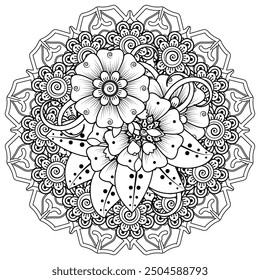 Floral Background with mehndi flower. Decorative ornament in ethnic oriental style, doodle ornament, outline hand draw. Coloring book page.