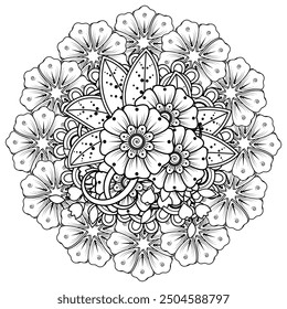 Floral Background with mehndi flower. Decorative ornament in ethnic oriental style, doodle ornament, outline hand draw. Coloring book page.