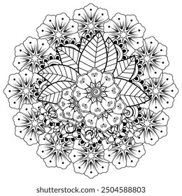 Floral Background with mehndi flower. Decorative ornament in ethnic oriental style, doodle ornament, outline hand draw. Coloring book page.