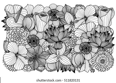 Floral background. Monochrome flowers and leafs on white background. Vector illustration.