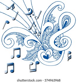 Floral Background with music notes. Hand drawing illustratin