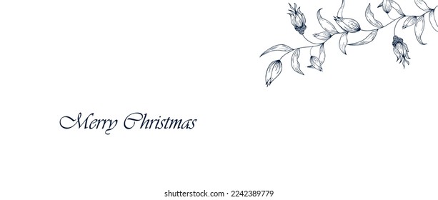 Floral background with New Year Christmas greeting. Hand drawing, floral decor