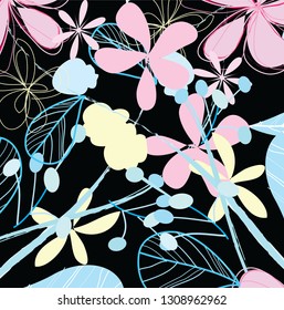 floral background. nice doodle hand drawn flowers on black background. cute hand drawn flowers pattern for your design