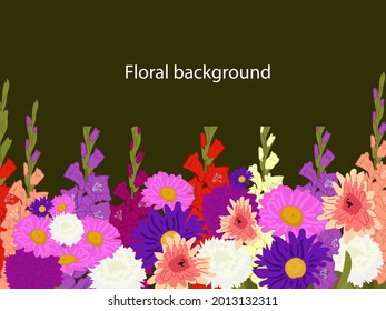 Floral background on a black background. asters, gladioli, autumn flowers for a postcard, banner, poster. Colored flat illustration.
