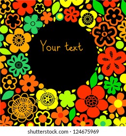 Floral background on black with a circle for custom text, vector