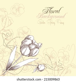 Floral Background with one tulip and pansies.Vector Illustration