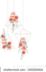  floral background with orange roses and eucalyptus leaf in terrarium