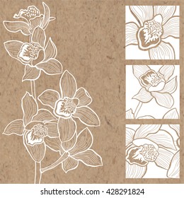 Floral background with orchids on kraft paper. Can be greeting card, invitation, design element.