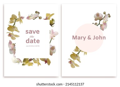Floral background. Orchids. Tropical flowers. Buds. Pink. Yellow. Wedding invitation.