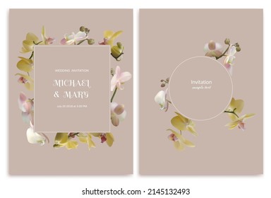 Floral background. Orchids. Tropical flowers. Buds. Pink. Yellow. Wedding invitation.