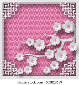 Floral background with oriental frame on pink pattern backdrop and cherry flowers for greeting card, paper cut out style. Vector illustration, layers are isolated