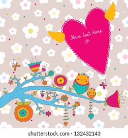 Floral background with owl.Text frame.