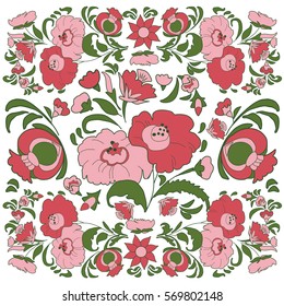 Floral background with painted flowers in folk style Pink and green color