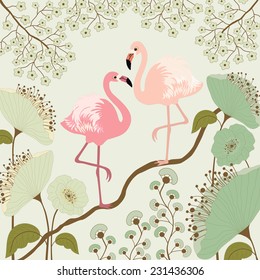 Floral background with pair of flamingos