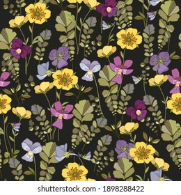 Floral background with pansy flowers and wildflowers. Suitable for textiles, wallpaper, wrapping paper, packaging.