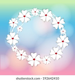 Floral background with paper butterflies. Vector design, round pattern.
