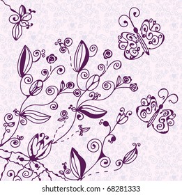 Floral background with pattern and butterflies