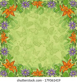 Floral background, pattern of flowers, green leafs and butterflies. Eps10, contains transparencies. Vector
