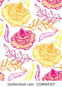 Floral background pattern -hand drawn doodle leaves and flowers