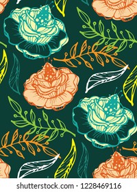 Floral background pattern -hand drawn doodle leaves and flowers