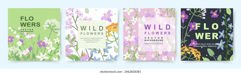 Fondo floral con un patrón de flores silvestres y hierbas. Plantillas de cartón de primavera y verano con Elementos naturales. Ilustración vectorial para tarjeta, Anuncio, invitación, publicación en redes sociales, póster, diseño