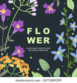 Fondo floral con un patrón de flores silvestres y hierbas. Plantilla de tarjetas de primavera y verano con Elementos naturales. Ilustración vectorial para tarjeta, Anuncio, invitación, publicación en redes sociales, póster, diseño