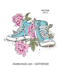 Floral background of peonies and shoes. Drawn sneakers in beautiful colors. Delicate print for women's clothing, notebooks and more. Vector illustration