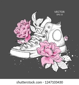 Floral background of peonies and shoes. Drawn sneakers in beautiful colors. Delicate print for women's clothing, notebooks and more. Vector illustration