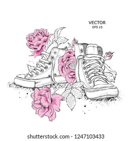 Floral background of peonies and shoes. Drawn sneakers in beautiful colors. Delicate print for women's clothing, notebooks and more. Vector illustration