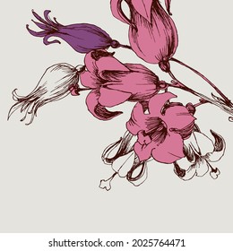 Floral background, pink flowers bouquet hand drawn lily