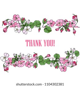 Floral background with  pink geranium. Hand drawn vector botanical illustration. Template greeting card, wedding invitation banner with spring flowers. 