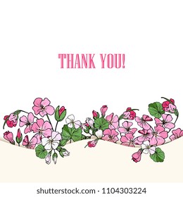 Floral background with  pink geranium. Hand drawn vector botanical illustration. Template greeting card, wedding invitation banner with spring flowers. 
