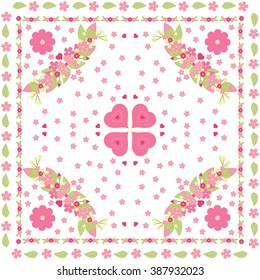 Floral background, pink girl pattern. Vector floral pattern for cushion, pillow, bandanna, silk kerchief or shawl fabric print. Texture for clothes and bedclothes