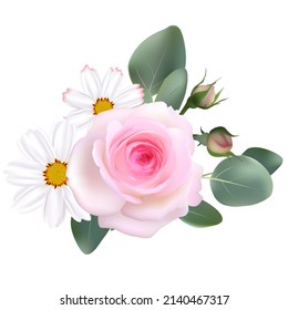 Floral background. Pink rose. White daisies. Green leaves.