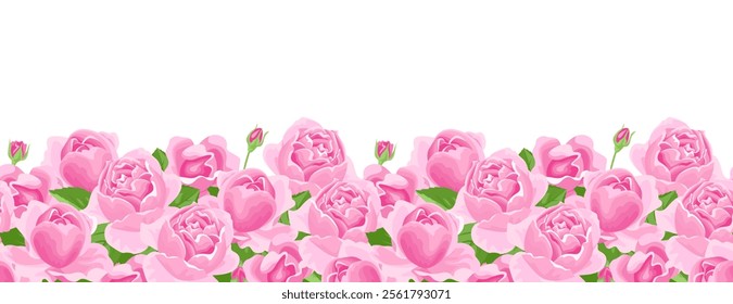 Floral background. Pink roses horizontal seamless pattern. Vector cartoon illustration of flowers garland, border. 