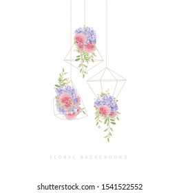floral background with pink roses and hydrangea in terrarium
