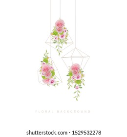 floral background with pink roses in terrarium