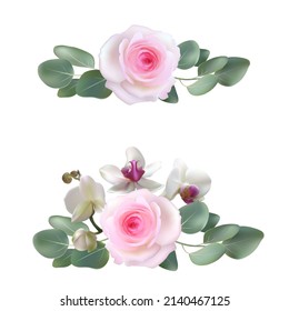 Floral background. Pink roses. White orchids. Border. Green leaves.